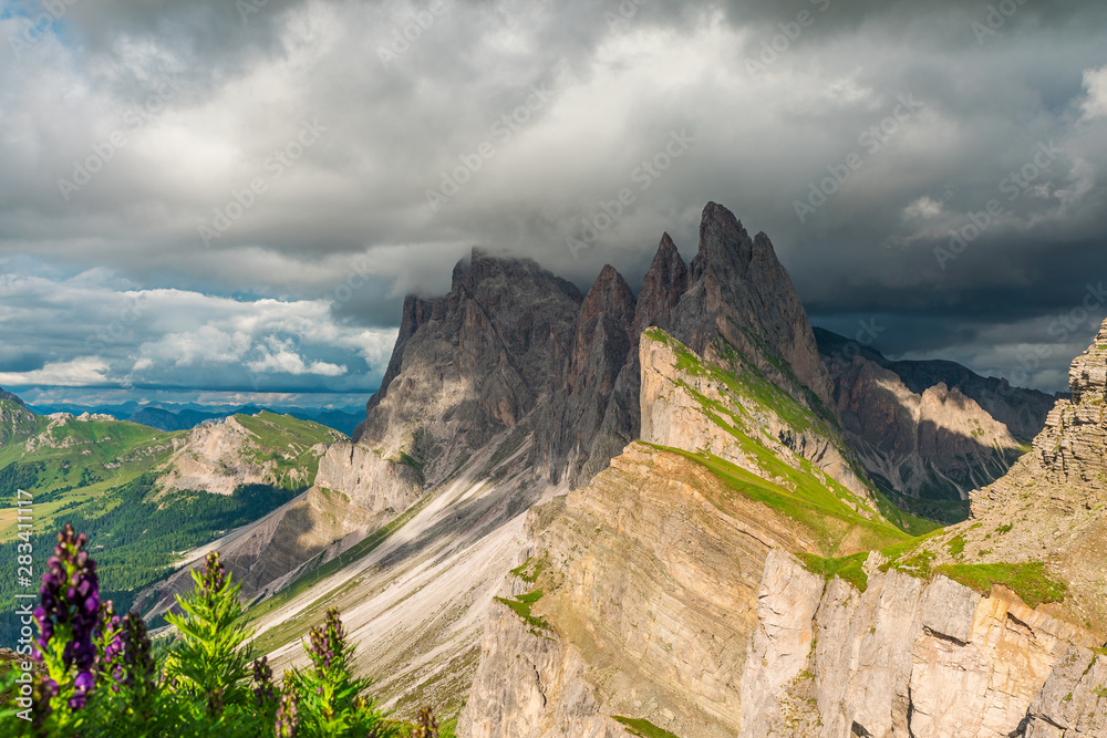 Beautiful view on Seceda peak. Trentino Alto Adige, Dolomites Alps, South Tyrol, Italy, Europe