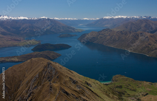 The famous view from the Roy's Peak at the Lake Wanaka and the mountains in New Zealand