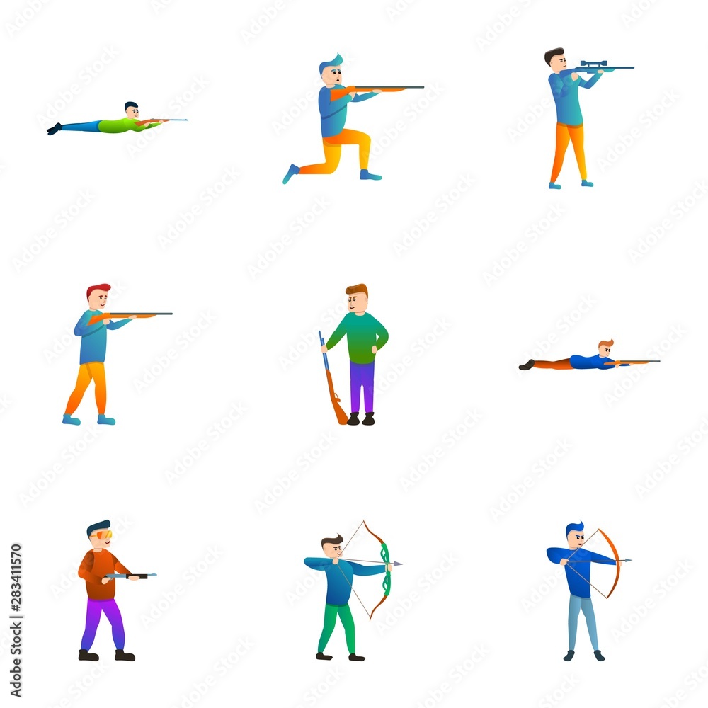 Fototapeta premium Shooting man icon set. Cartoon set of 9 shooting man vector icons for web design isolated on white background