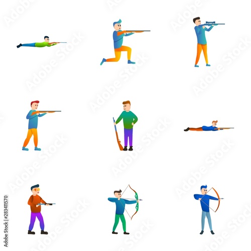 Shooting man icon set. Cartoon set of 9 shooting man vector icons for web design isolated on white background