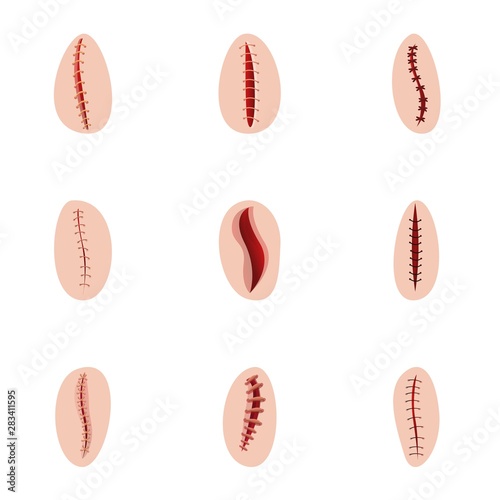 Surgical suture icon set. Cartoon set of 9 surgical suture vector icons for web design isolated on white background