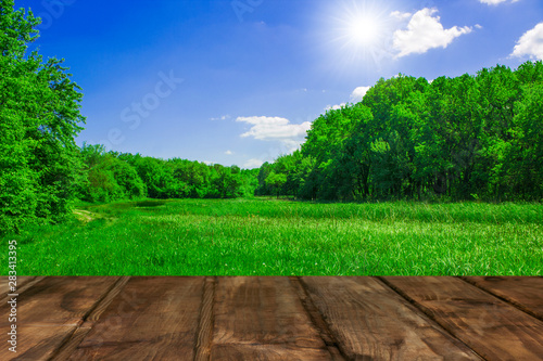 wooden table for advertising and the presentation of your goods, on the background of a green meadow in sunny weather