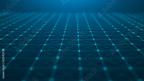 Wave of particles. Abstract blue technology background. Science background. Big data. Background . Plexus effect. Network connection structure. 3d rendering.