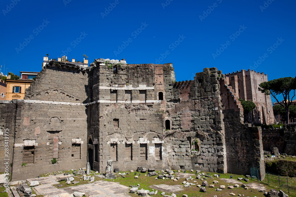 Ancient ruins of the Forum of Augustus with Temple of Mars the Avenger inaugurated in 2 BC