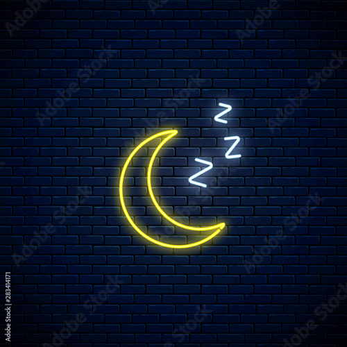 Glowing neon sleepy moon icon with zzz symbol. Sleeping crescent in neon style to weather forecast in mobile application photo