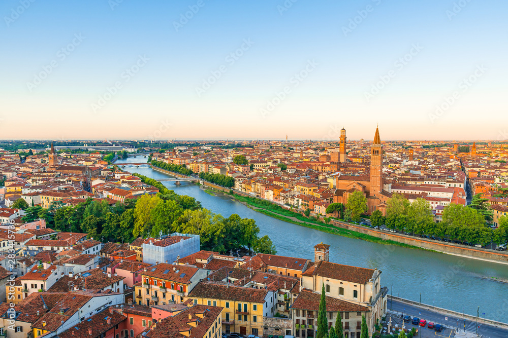 Beautiful sunrise aerial view of Verona, Veneto region, Italy