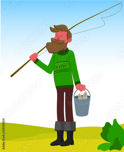 Man fisherman with a beard with a fishing rod and boots with a bucket. Vector illustration