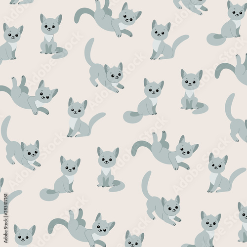 Fototapeta Naklejka Na Ścianę i Meble -  Cartoon gray cat - simple trendy pattern with animal. Cartoon vector illustration for prints, clothing, packaging and postcards. 