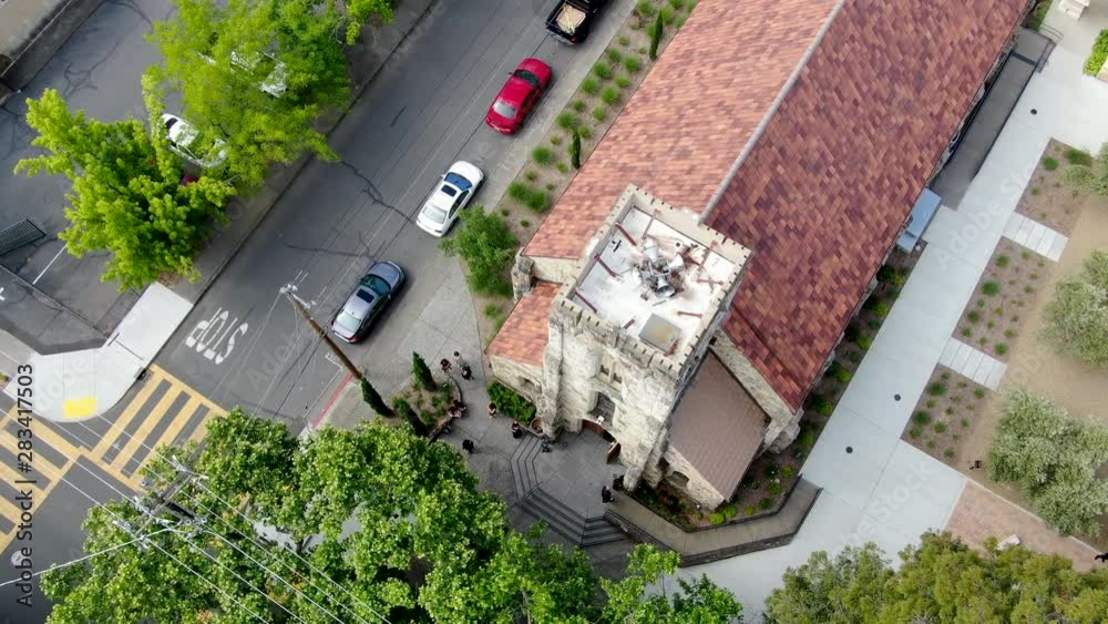 Aerial view of St. Helena Roman Catholic Church, historic church building in St. Helena, Napa Valley, California, USA Aerial view of St. Helena Roman Catholic Church, historic church building in St. Helena, Napa Valley, California, USA
