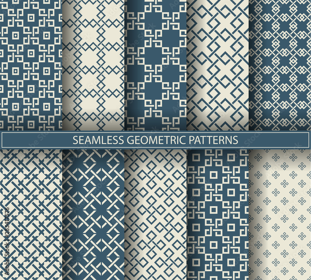 Set of seamless geometric patterns. Blue and beige line backgrounds collection. Endless repeating linear texture for wallpaper, packaging, banners, invitations, business cards, fabric print Set of seamless geometric patterns. Blue and beige line backgrounds collection. Endless repeating linear texture for wallpaper, packaging, banners, invitations, business cards, fabric print