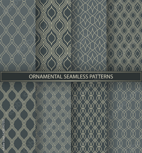 Collection of seamless grey luxury patterns with geometric waves. Endless stylish texture. Ripple monochrome background. Vector set