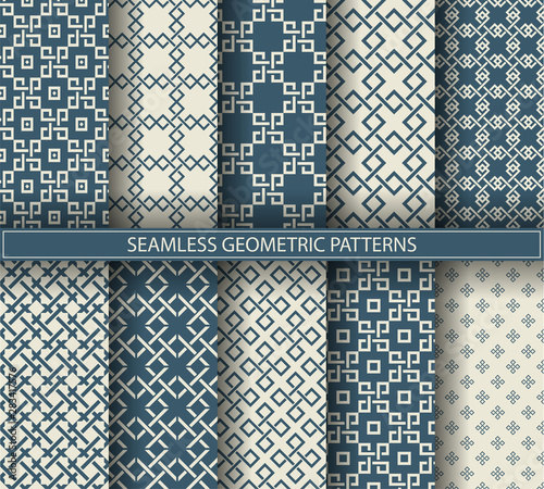 Set of seamless geometric patterns. Blue and beige line backgrounds collection. Endless repeating linear texture for wallpaper, packaging, banners, invitations, business cards, fabric print