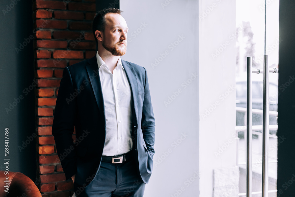 Successful Businessman in a suit stands in an office and looks out through the glass doors. Successful Businessman in a suit stands in an office and looks out through the glass doors.