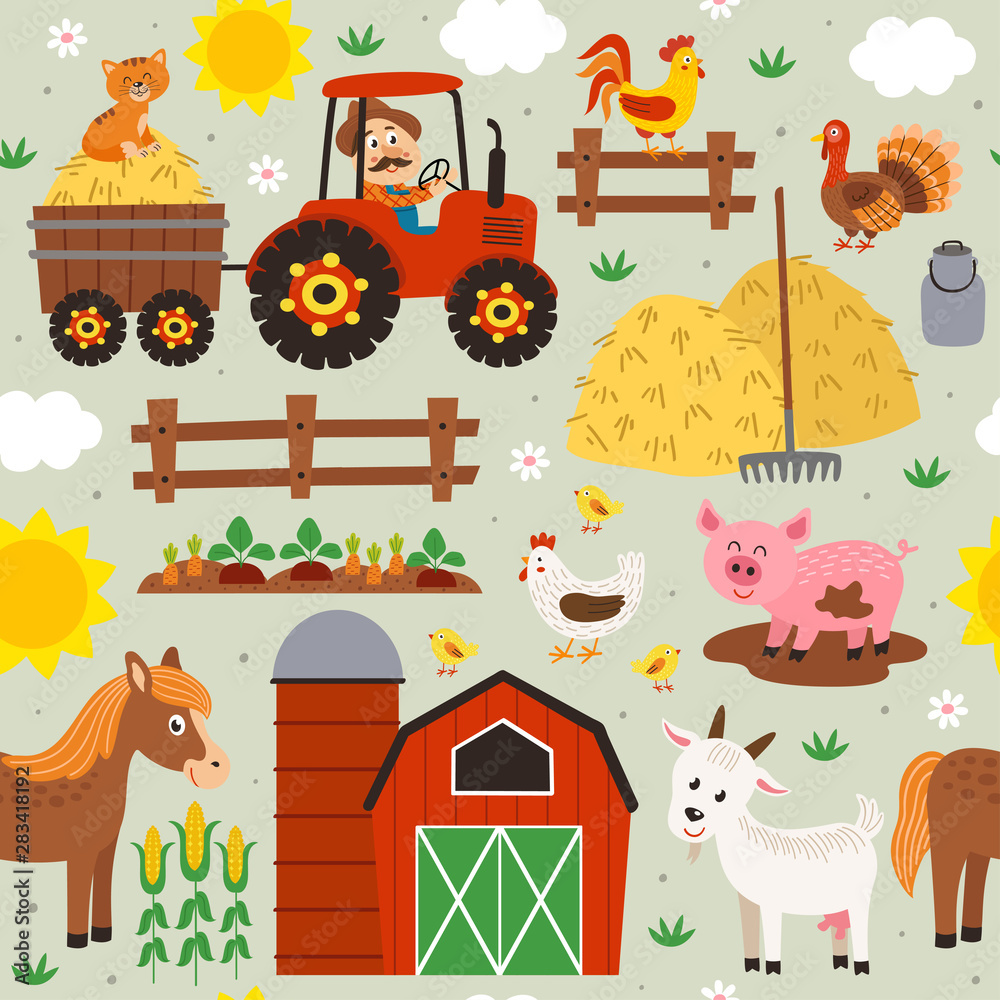 seamless pattern with farmer riding a tractor and farm animals - vector ...
