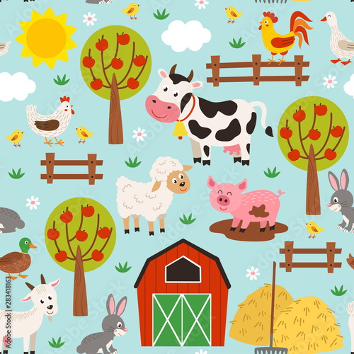 seamless pattern with pets in the barnyard  - vector illustration, eps    