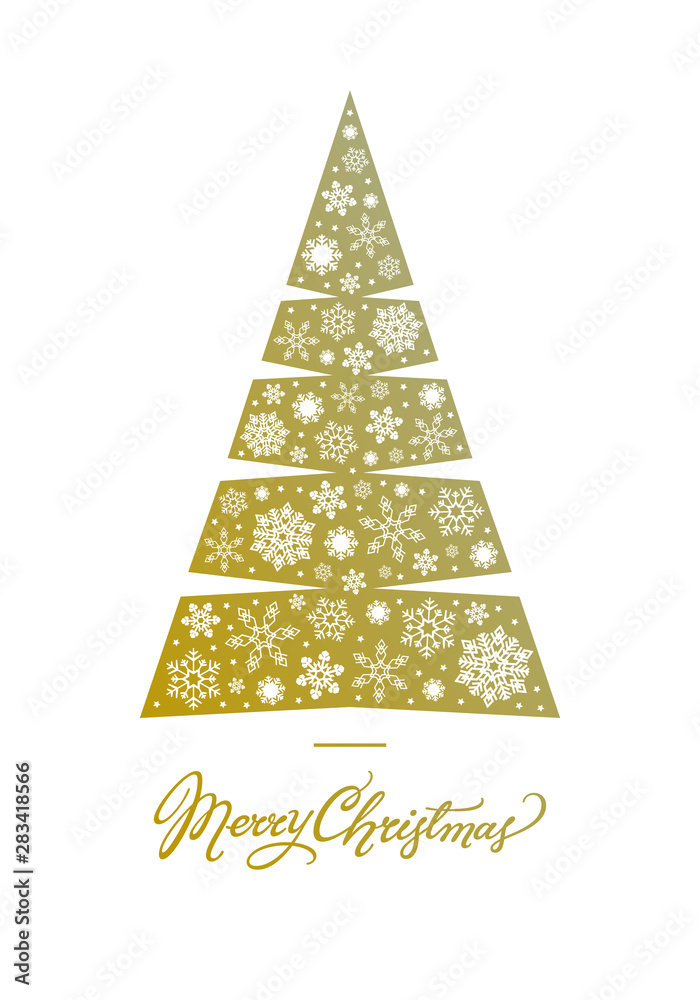 Fototapeta premium Golden Christmas tree with snowflakes card