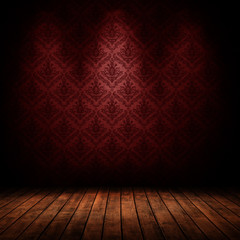 dark interior room with baroque red wallpaper