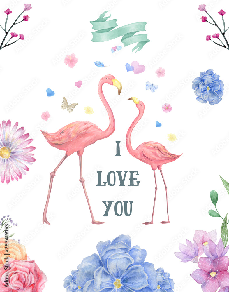 Wedding marriage event invitation card template. Watercolor leaves, pink orchid flowers and exotic flamingo birds border frame on white background.