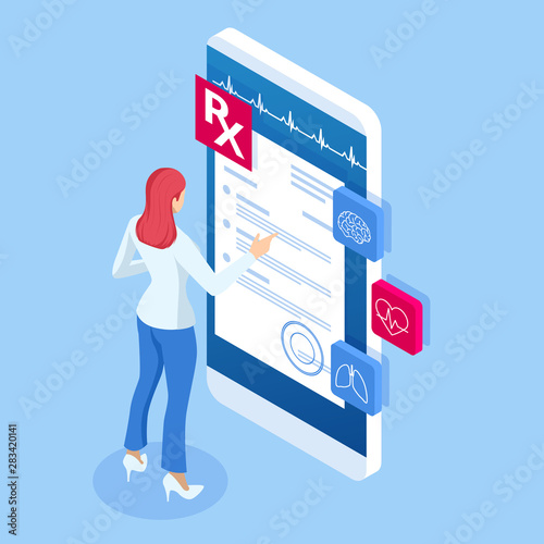 Isometric online doctor consultation, healthcare, medical concept. Online treatment recipe.