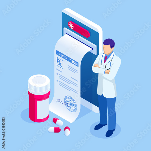 Isometric online doctor consultation, healthcare, medical concept. Online treatment recipe.