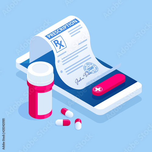 Isometric online doctor consultation, healthcare, medical concept. Online treatment recipe.