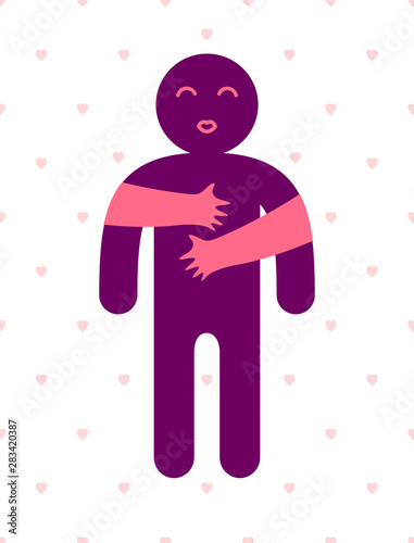Beloved man with care hands of a lover woman hugging and caresses his chest, vector icon logo or illustration in simplistic symbolic style.