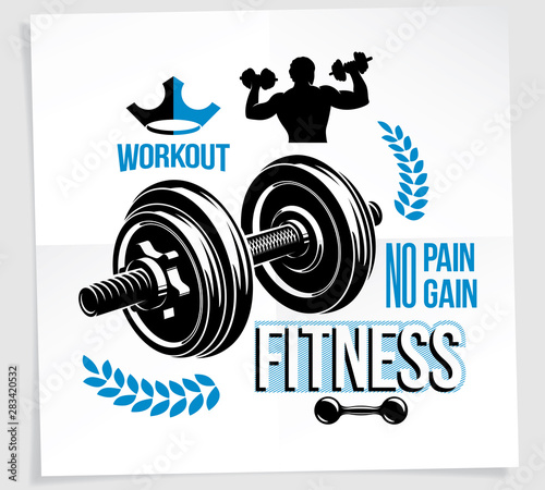 Heavy load power lifting championship advertising poster created with vector illustration of athletic sportsman holding fitness dumbbells sport equipment. No pain, no gain lettering.