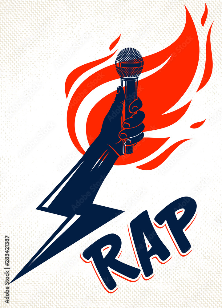 Vecteur Stock Rap music vector logo or emblem with microphone in
