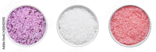 SPA concept. Set of bath salt in bowl isolated over white background with clipping path. Top view