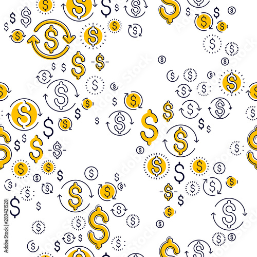 Financial icon set seamless background, backdrop for financial website or economical theme ads and information, dollar currency money signs, vector wallpaper or web site background.