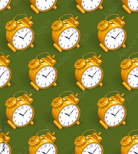 Alarm clocks seamless background, timer, deadline hurry and wake up concept, vector wallpaper or web site background.