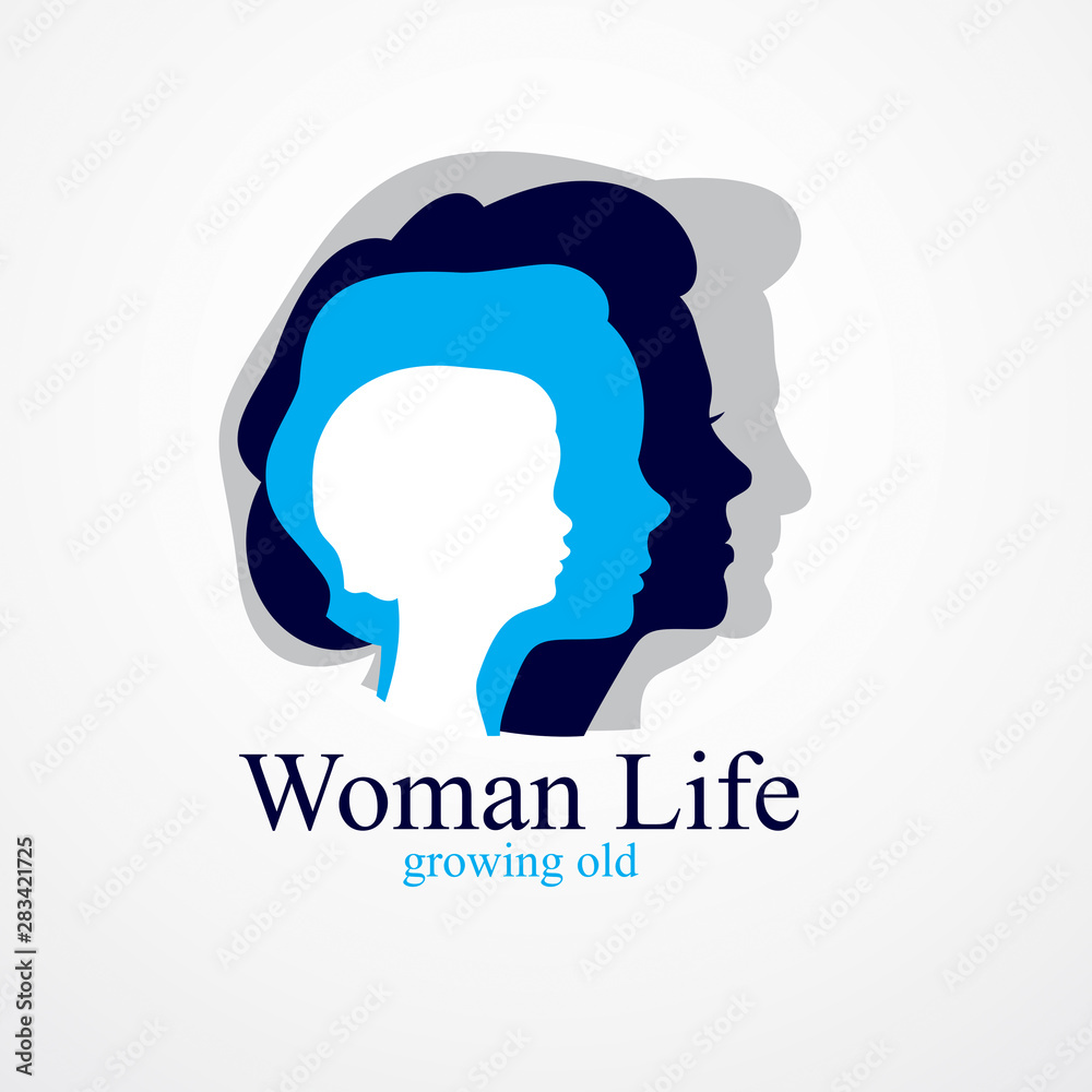 Woman life age years concept, the time of life, periods and cycle of life, growing old, maturation and aging, one generation and age categories. Vector simple classic icon or logo design.