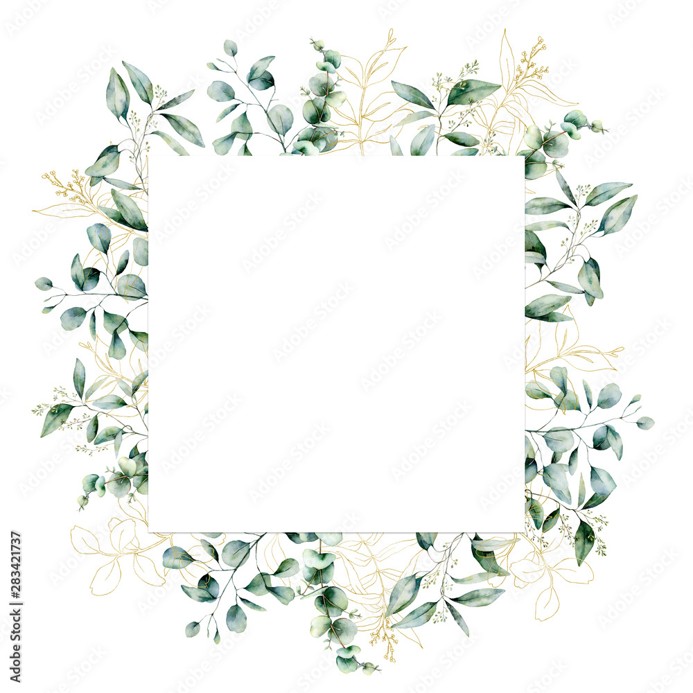 Watercolor gold eucalyptus square card. Hand painted eucalyptus branch and leaves isolated on white background. Line art floral illustration for design, print, fabric or background.
