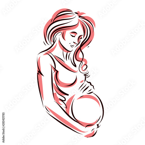Attractive pregnant woman body silhouette drawing. Vector illustration of mother-to-be fondles her belly. Happiness and caress concept.
