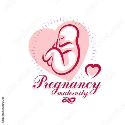 Vector embryo emblem isolated on white. New life beginning drawing. Maternity hospital conceptual logo