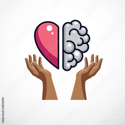 Heart and Brain concept, conflict between emotions and rational thinking, teamwork and balance between soul and intelligence. Vector logo or icon design.