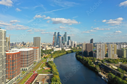 Moscow, Russia. Aerial view of Moscow business center skyscrapers, Moscow River and modern residential buildings