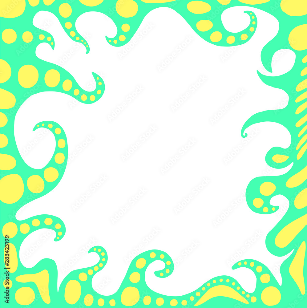 Colorful abstract fantasy frame with alien monster tentacles, turquoise color, with yellow suction cups. Vector hand drawn card, with place for text. Doodle style. Colorful abstract fantasy frame with alien monster tentacles, turquoise color, with yellow suction cups. Vector hand drawn card, with place for text. Doodle style.