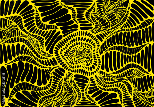 Fantastic psychedelic ornamental surreal doodle texture. Abstract yellow outline, isolated in black background.