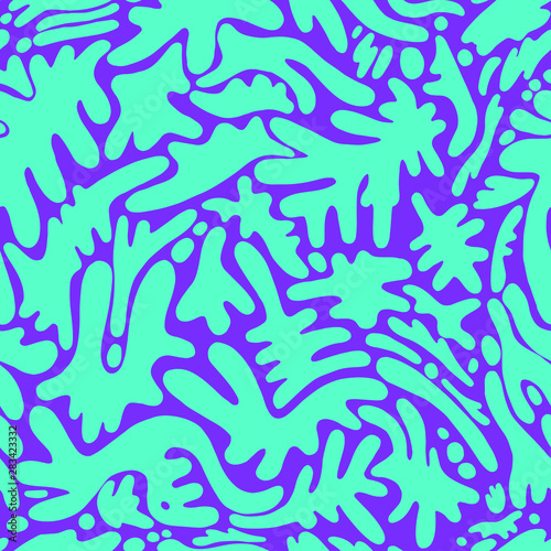 Seamless abstract decorative pattern, with many different shapes, turquoise colors spots, isolated dark violet background. Doodle style design.