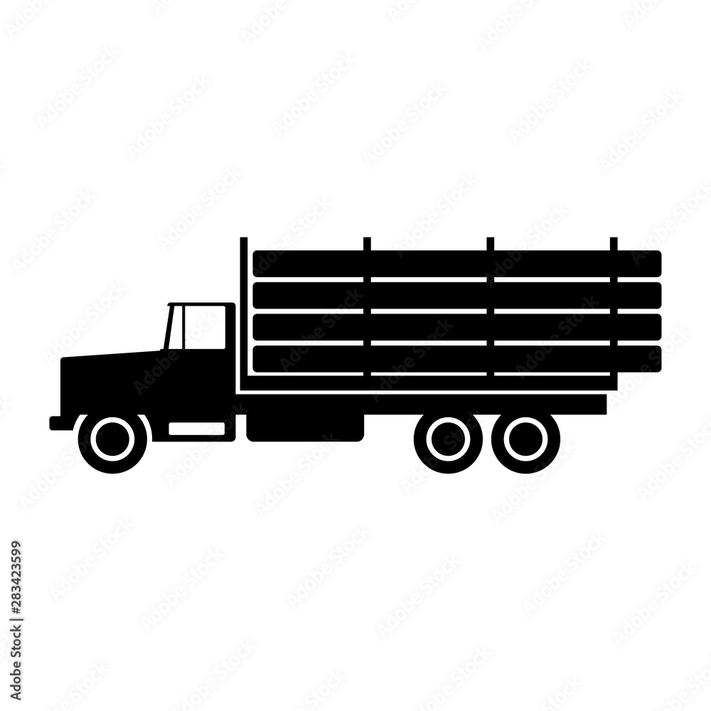 Timber truck. Black silhouette. Side view. Vector drawing. Isolated object on a white background. Isolate. Timber truck. Black silhouette. Side view. Vector drawing. Isolated object on a white background. Isolate.