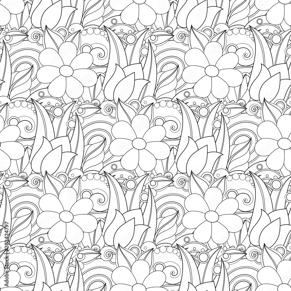 Monochrome Seamless Pattern with Floral Motifs Monochrome Seamless Pattern with Floral Motifs