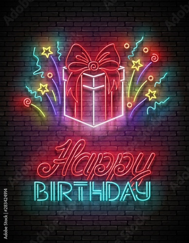 Vintage Glow Greeting Card with Gift, Confetti and Happy Birthday Inscription