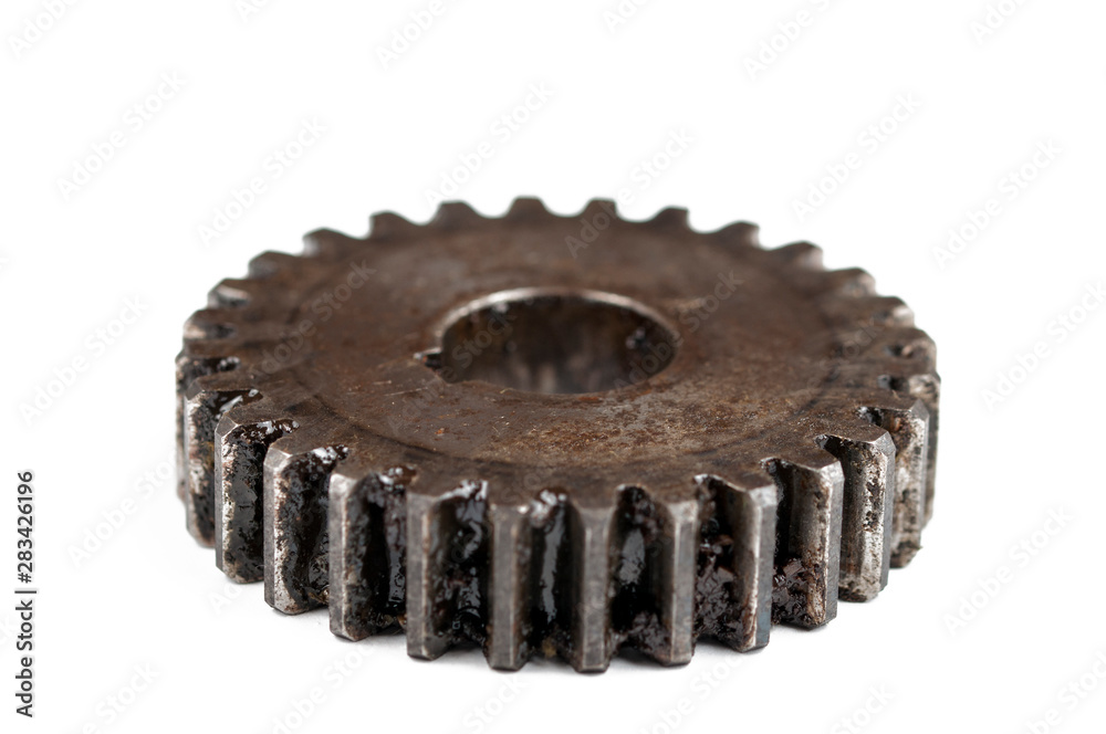 Stainless steel gears isolated on white background.Copy space Stainless steel gears isolated on white background.Copy space