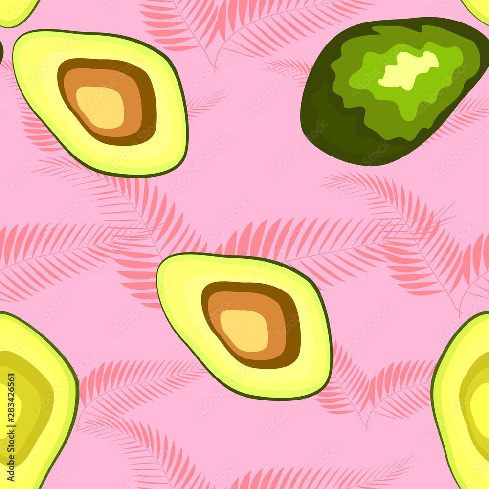 Avocado seamless pattern with tropical leaves of palm tree, background. Avocado seamless pattern with tropical leaves of palm tree, background.