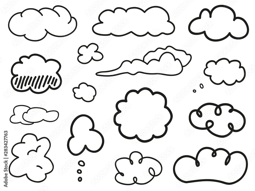 Set of hand drawn clouds on white. Abstract samples. Black and white illustration Set of hand drawn clouds on white. Abstract samples. Black and white illustration