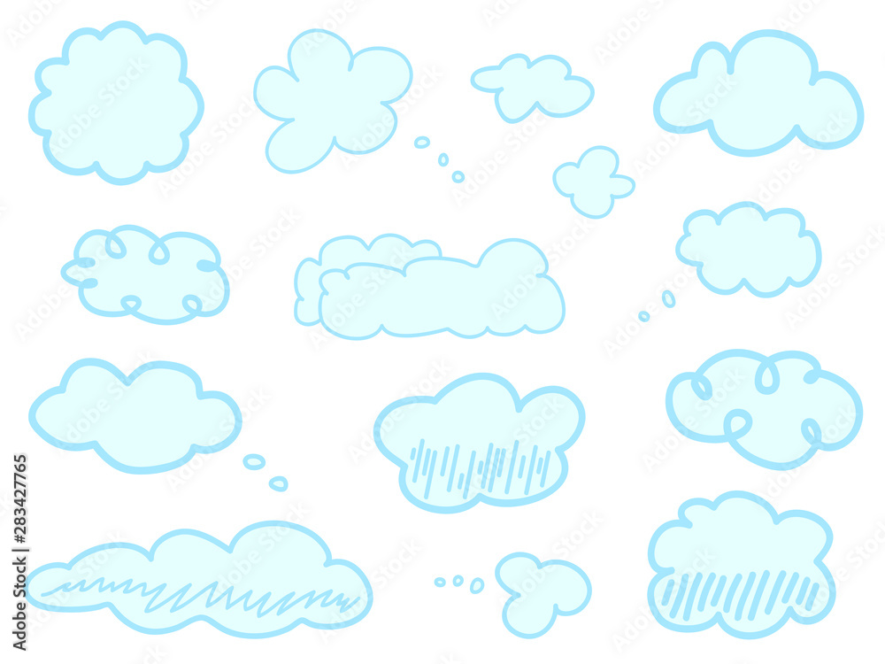 Colorful clouds on isolation background. Hatching doodles on white. Hand drawn infographic elements. Colored illustration. Sketches for artworks Colorful clouds on isolation background. Hatching doodles on white. Hand drawn infographic elements. Colored illustration. Sketches for artworks