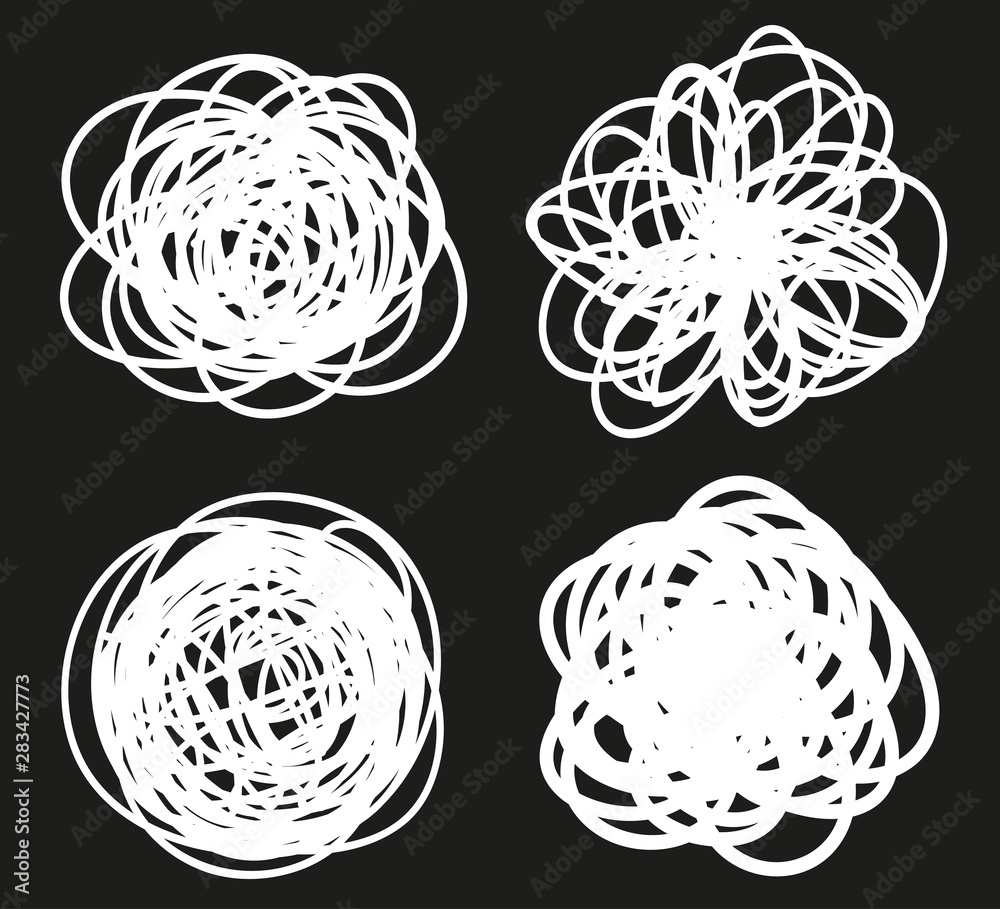 Hand drawn lines on isolated black background. Chaotic shape with hatching. Wavy tangled doodle. Black and white illustration Hand drawn lines on isolated black background. Chaotic shape with hatching. Wavy tangled doodle. Black and white illustration