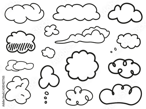 Set of hand drawn clouds on white. Abstract samples. Black and white illustration