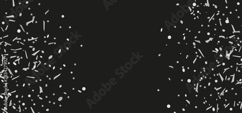 Confetti on black background. Holiday texture. Festive backdrop with glitters. Pattern for work. Print for polygraphy, posters, banners and textiles. Doodle for design. Black and white illustration